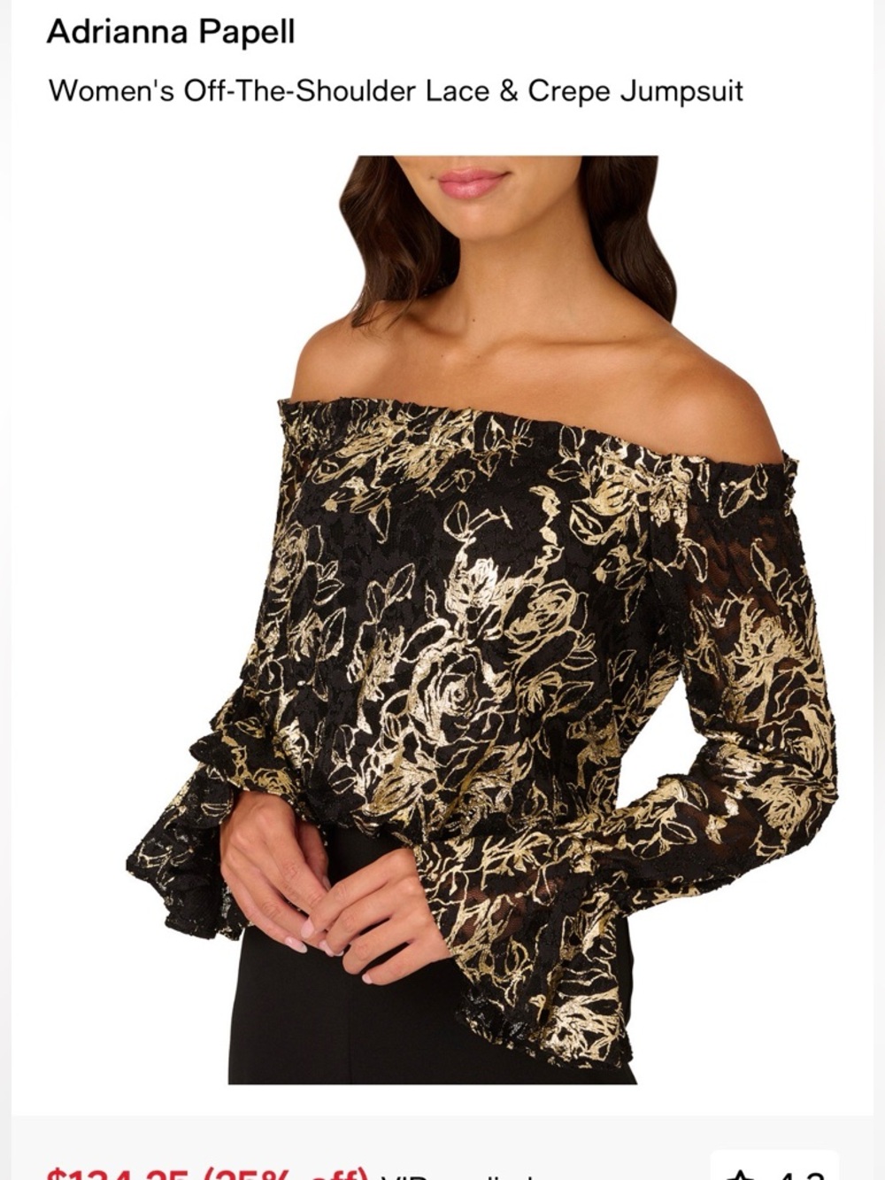 Adrianna Papell Black & Gold Off-the-Shoulder Wide-Leg Jumpsuit - Picture 2 of 6